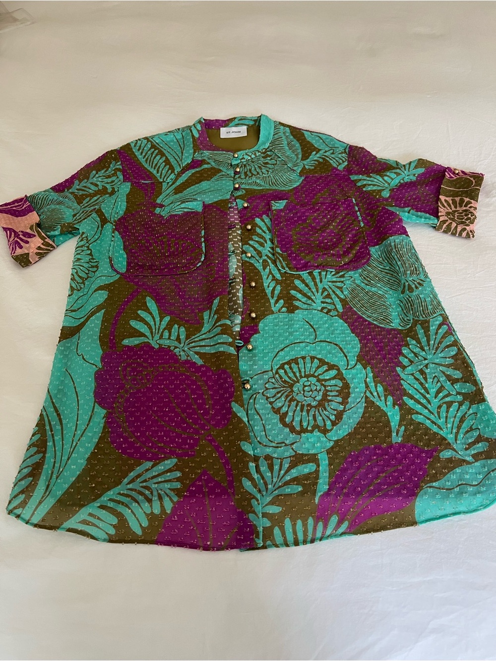 Bold Floral Button-Front Tunic in Teal and Purple